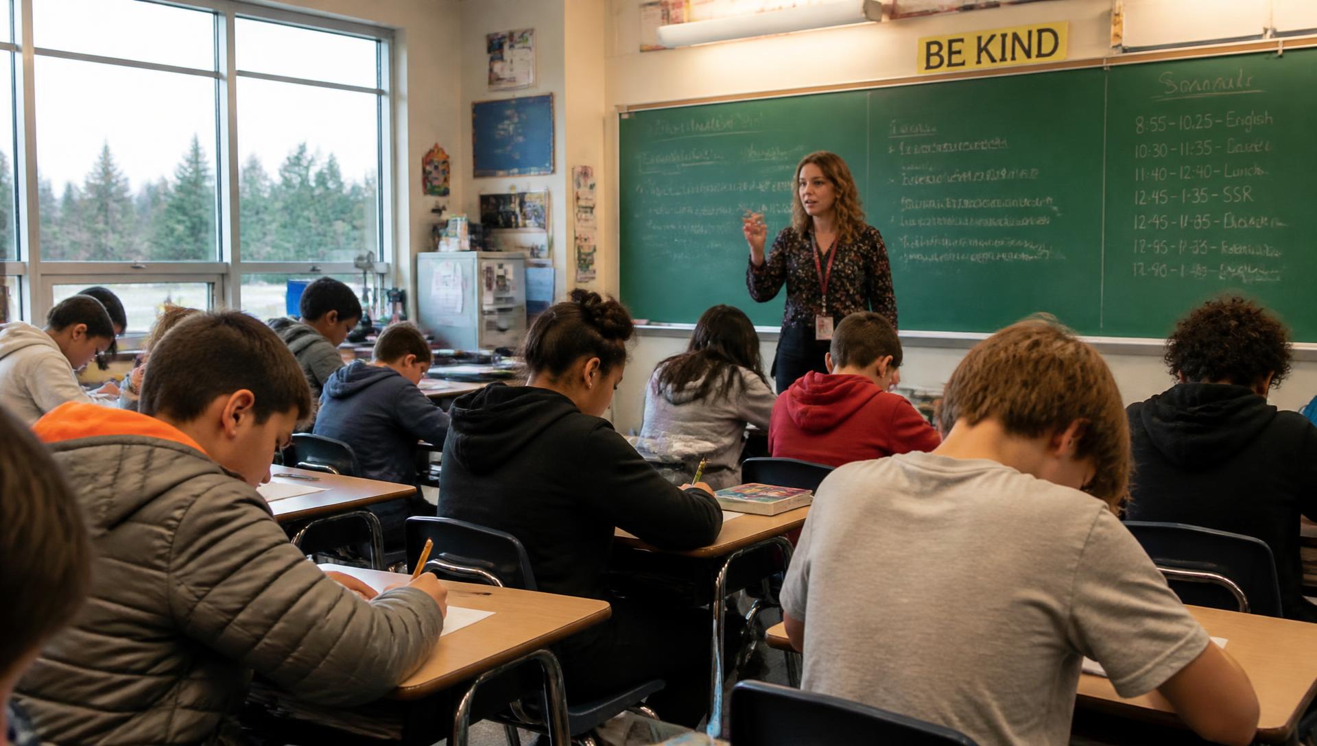 Students writing in a Highline School District classroom with a teacher at the chalkboard